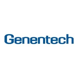 Genentech logo, with company name in blue text on a white background.