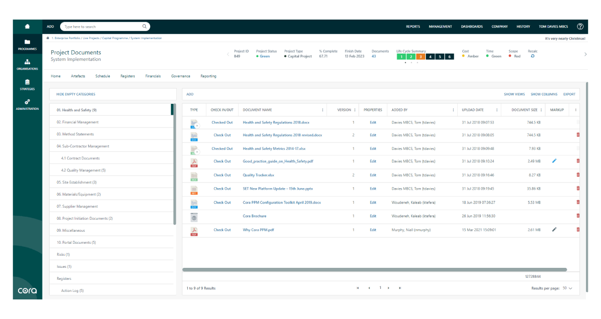 Screenshot of Cora PPM Document Management software